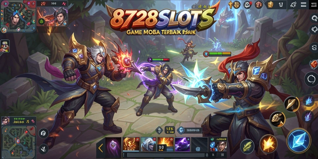 Tampilan utama gameplay 8728SLOTS yang mendebarkan dalam pertempuran MOBA.