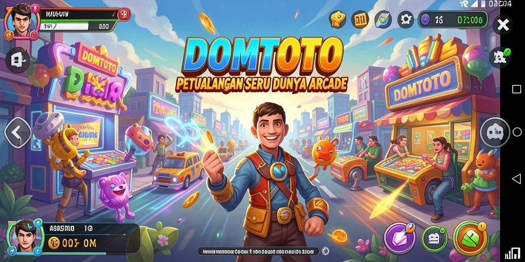 Screenshot DOMTOTO menampilkan aksi gameplay penuh warna di dunia Arcade.