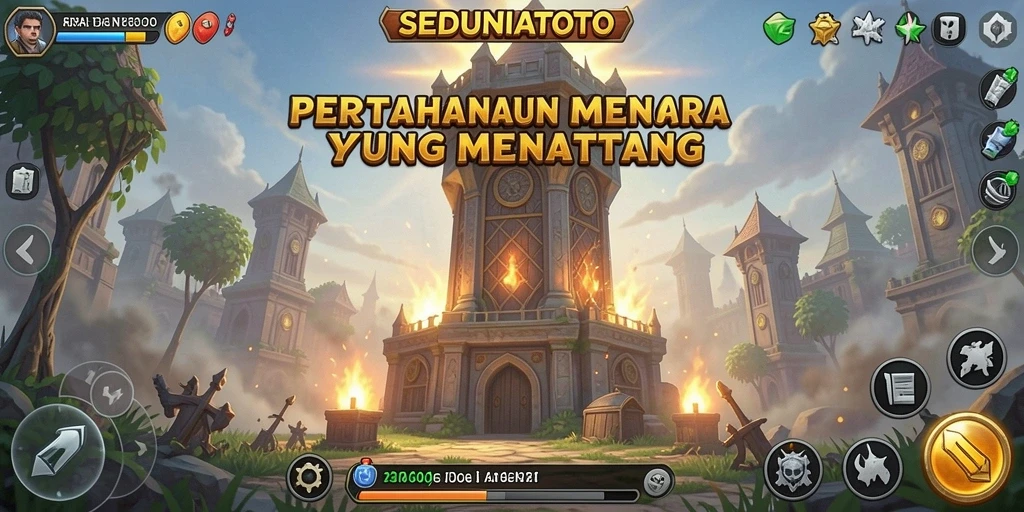 Tampilan gameplay menegangkan di SEDUNIATOTO yang penuh strategi Tower Defense.